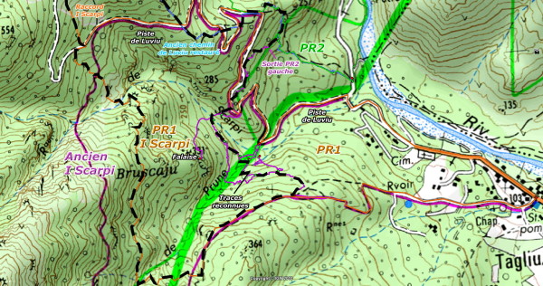 Carte zoom des environs du secteur I Scarpi avec ancien chemin de Luviu, PR2 et traces entre les branches Nord et Sud de la piste de Luviu